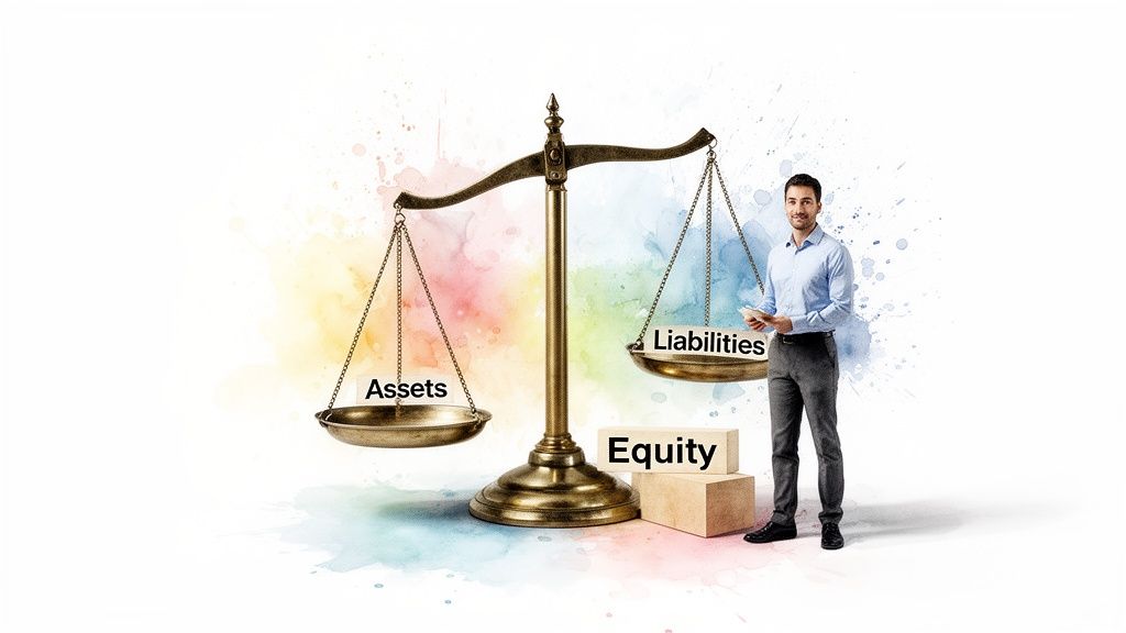 Man next to a scale balancing 'Assets' and 'Liabilities', with 'Equity' blocks representing the financial equation.
