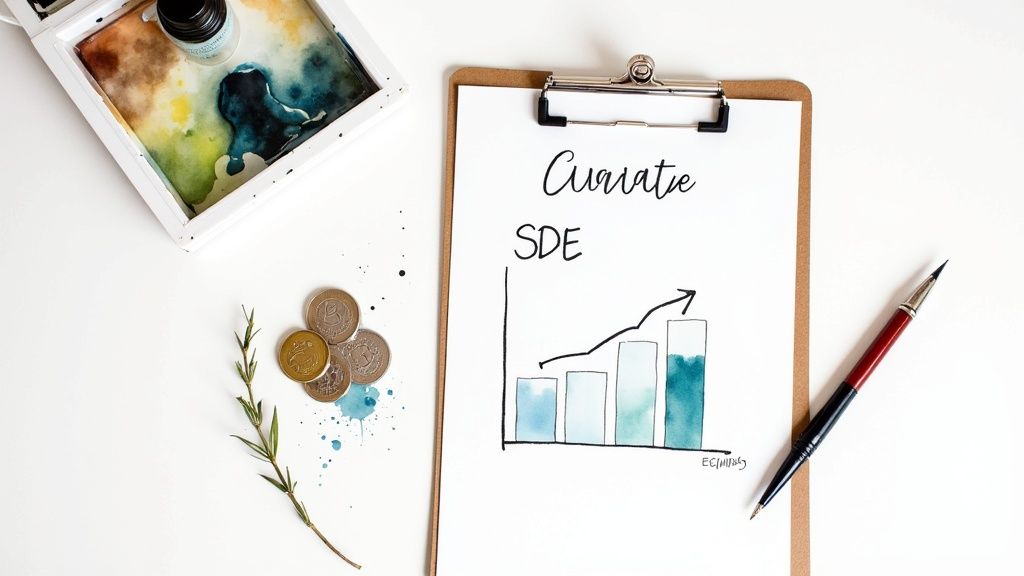 Creative workspace flat lay with a watercolor business growth chart, coins, and art supplies.