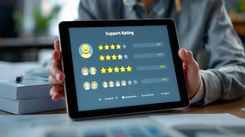 A CEO reviewing a data dashboard on a tablet in a modern office, showing graphs and KPIs