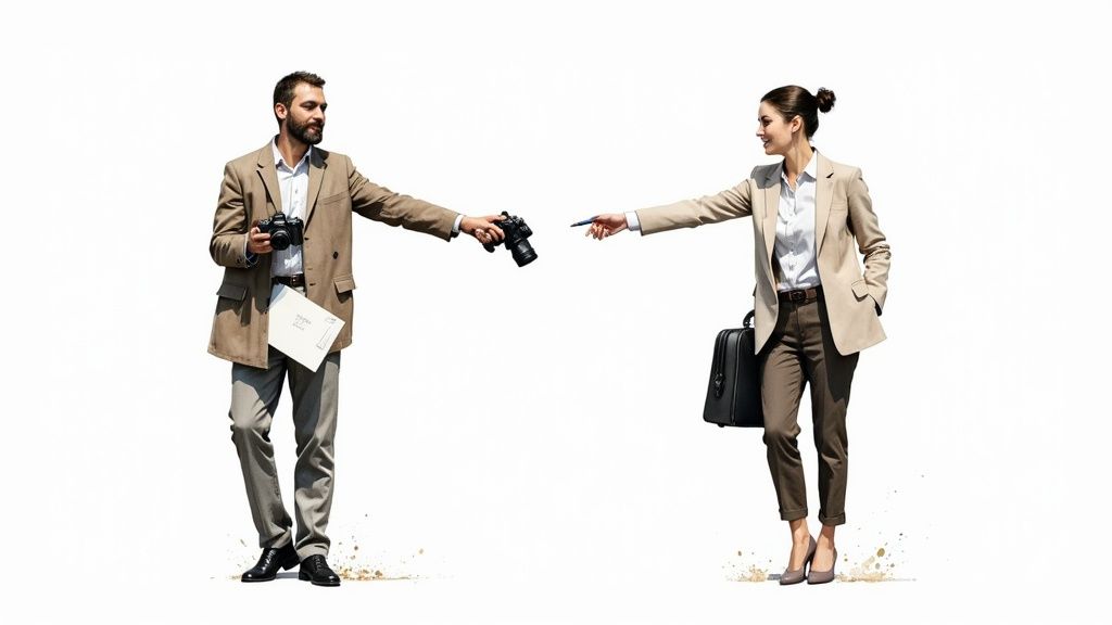 Two business professionals discussing tax documents in a modern office setting.