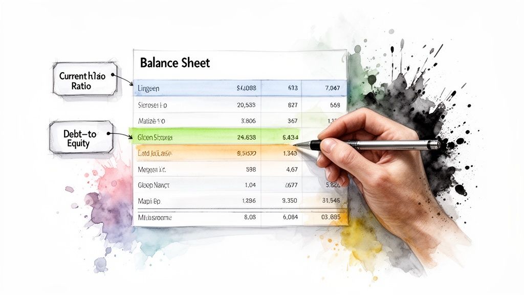 A hand reviewing a balance sheet, highlighting current and debt-to-equity ratios.