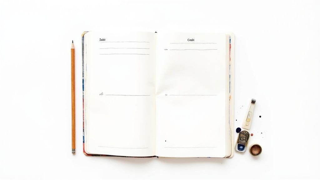 An open accounting ledger book showing 'Debit' and 'Credit' sections, with a pencil and ink stains.
