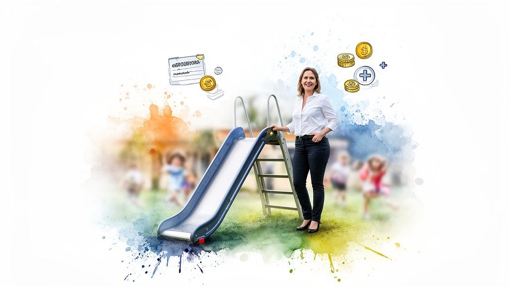 A smiling woman stands by a playground slide with financial illustrations and blurred children.
