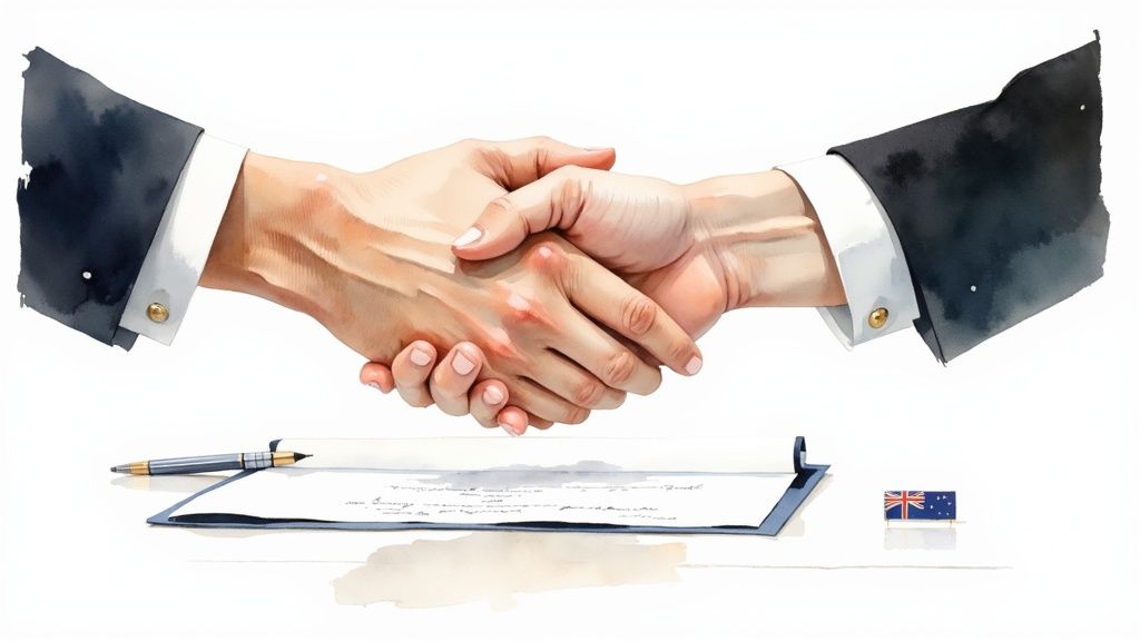 Two hands shaking over a signed contract document, pen, and an Australian flag, symbolizing a business agreement.
