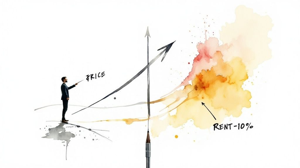 A man points to an upward graph showing 'PRICE', with watercolor effects and 'RENT - 10%'.