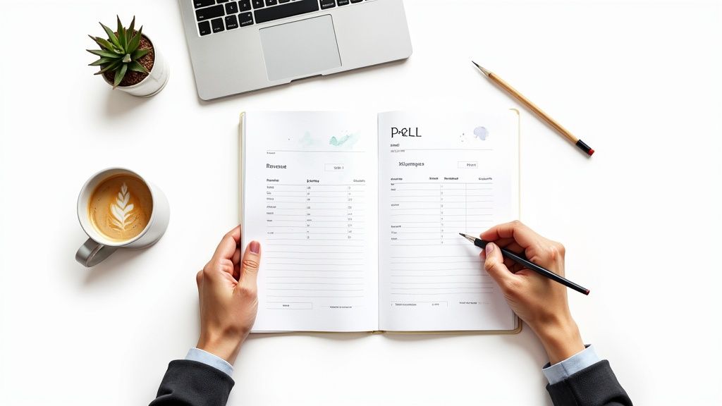 Overhead shot of hands writing in a profit and loss statement notebook, with a laptop, coffee, and plant.