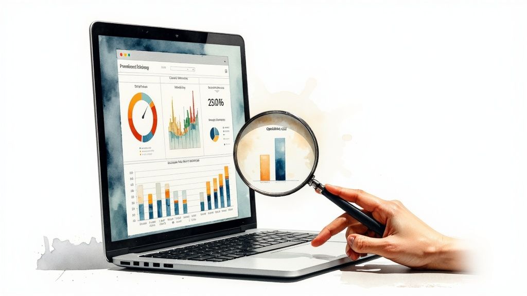 Hand with magnifying glass examining financial data and charts on a laptop screen.