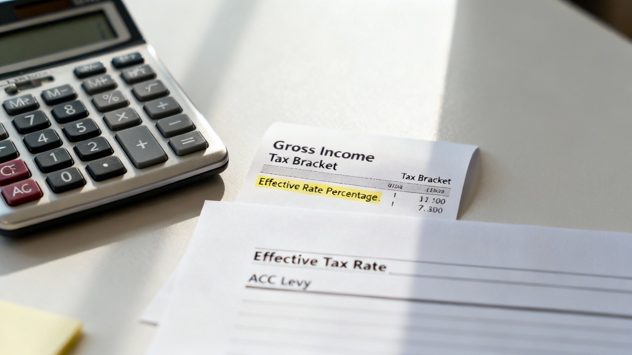 A calculator, pen, and financial documents on a desk, representing the calculation of an effective tax rate.