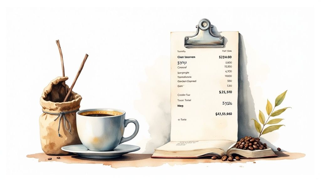 Watercolor painting of a coffee cup, bag, and a clipboard displaying financial figures.
