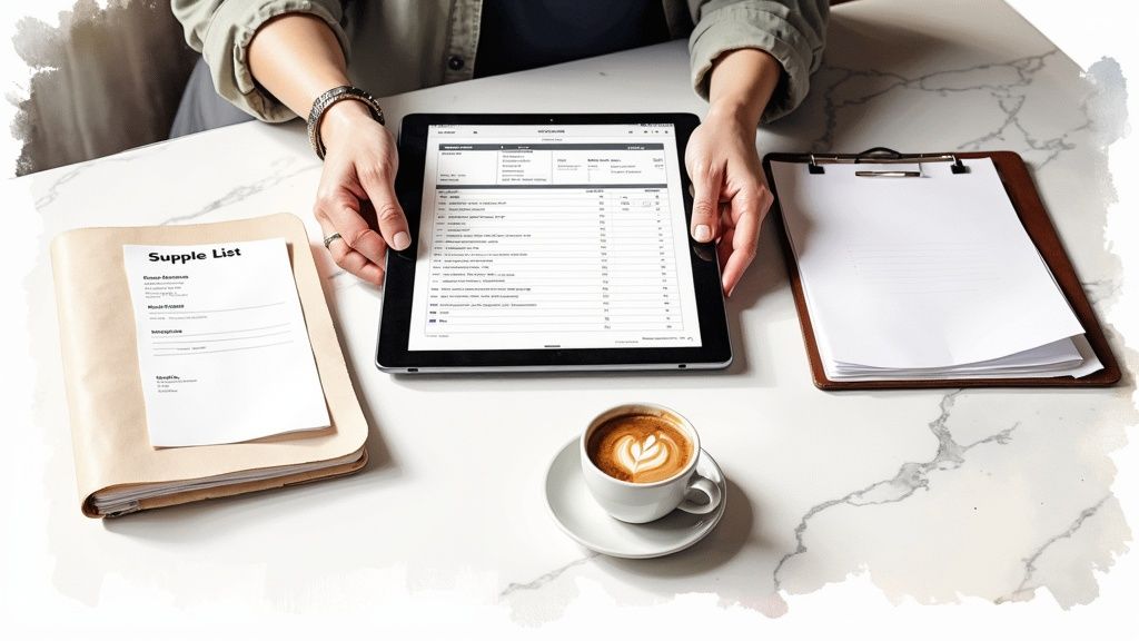 Hands hold a tablet displaying a list, surrounded by office documents and coffee on a white desk.