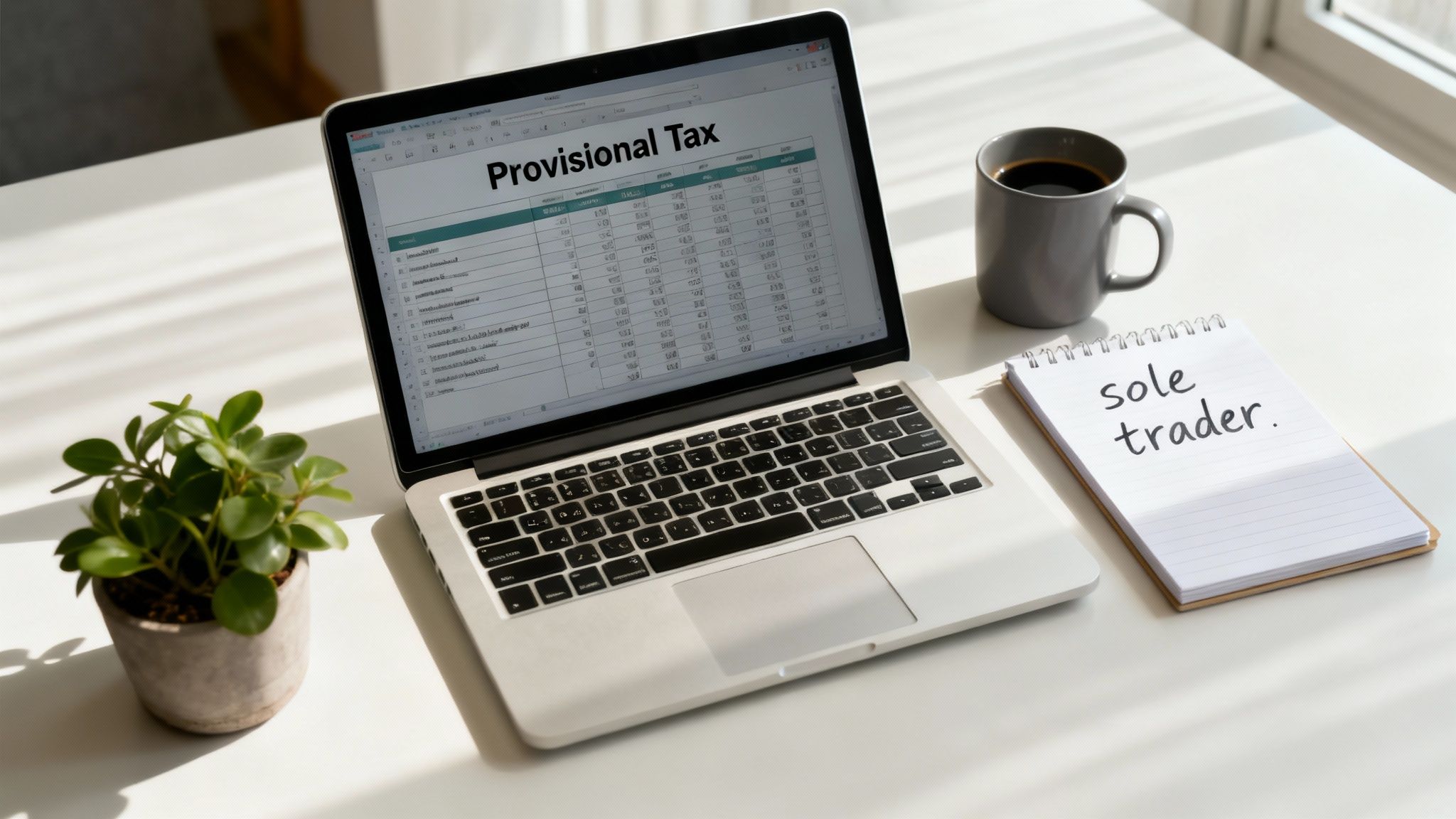 A focused small business owner working on a laptop at a sunlit desk in Auckland.