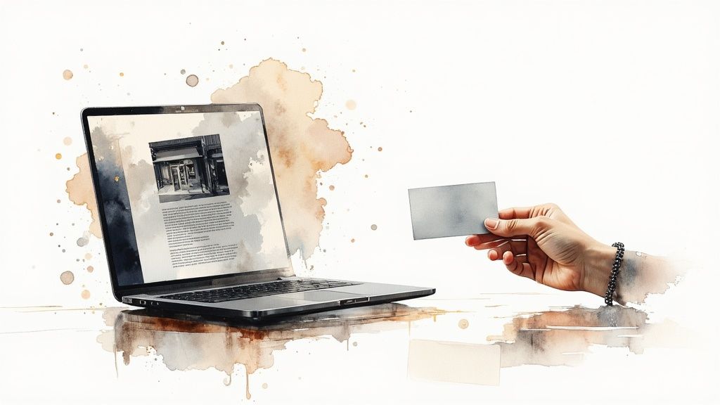 Watercolor illustration of a laptop displaying a business website, with a hand holding a blank card.