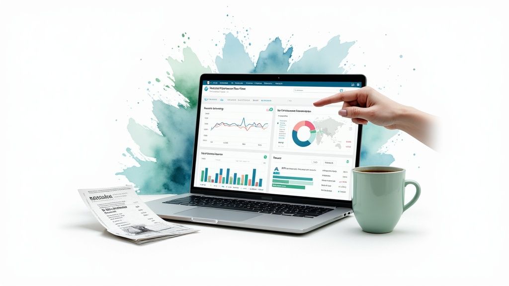 A person using a laptop with charts and graphs on the screen, indicating financial data analysis.