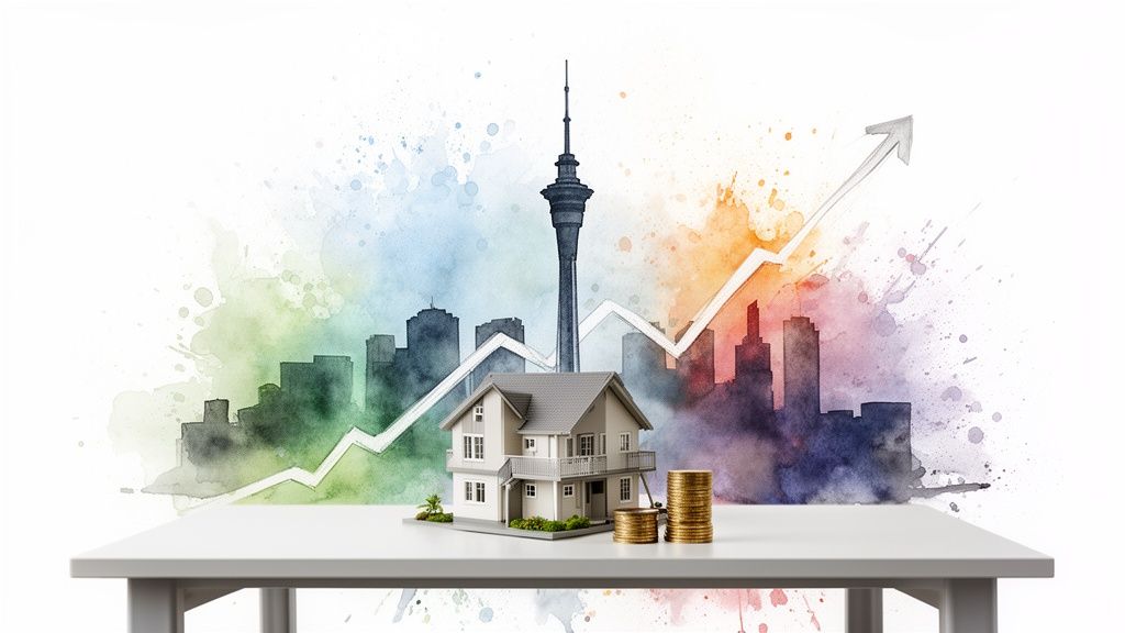 Miniature house and coins on a table, with a watercolor city skyline and upward graph.