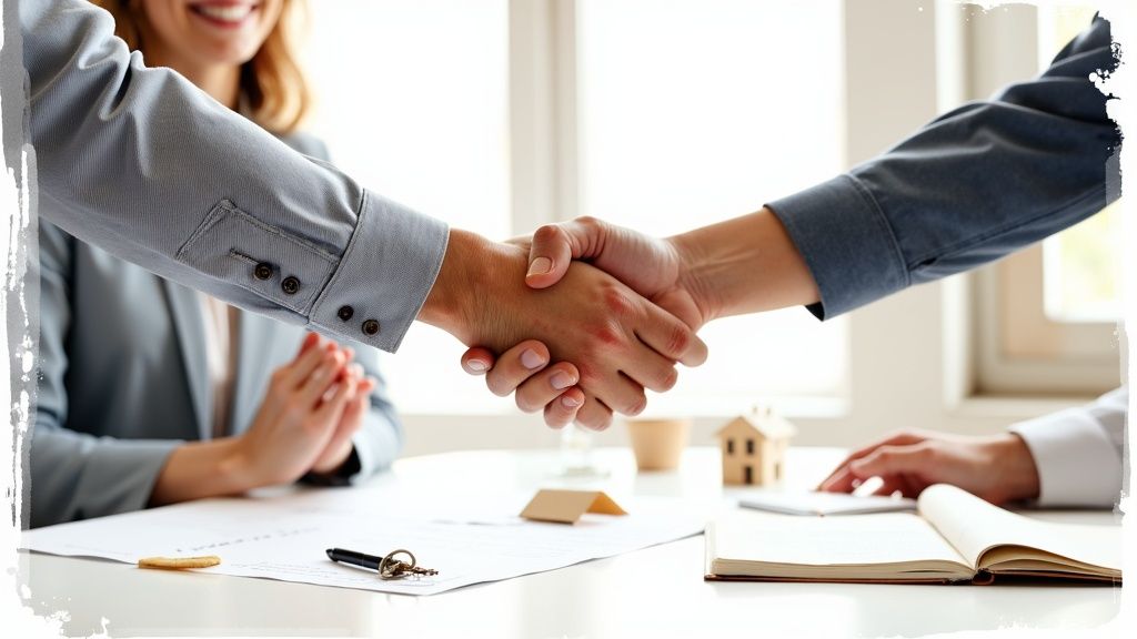 Two people shaking hands over a table with documents and a house model, symbolizing a successful business deal.