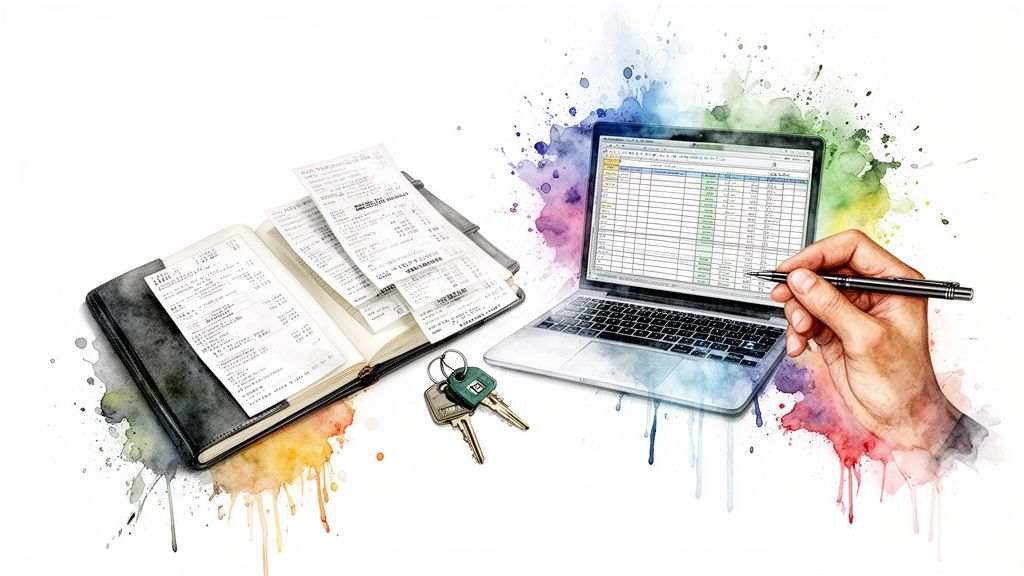 Watercolor illustration of accounting essentials: notebook, receipts, keys, laptop with spreadsheet, and a hand holding a pen.
