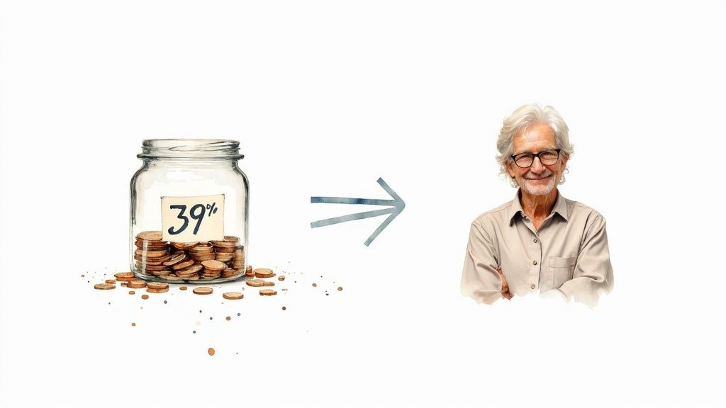 An illustration of a piggy bank with money going in and out, representing income distribution.
