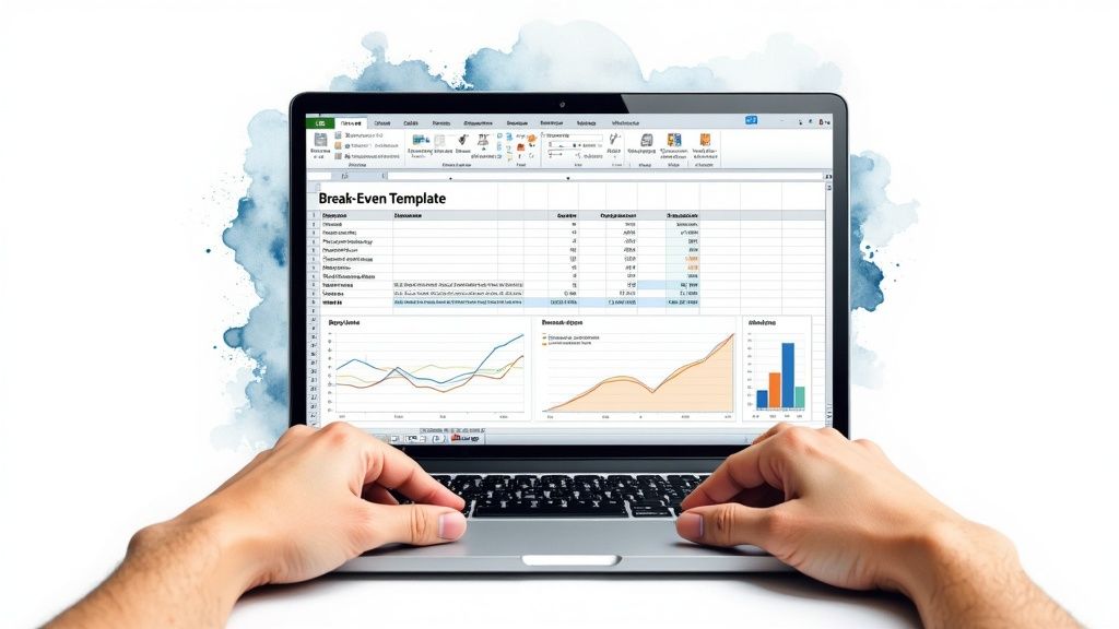 Hands typing on a laptop displaying a financial break-even analysis template with various charts.