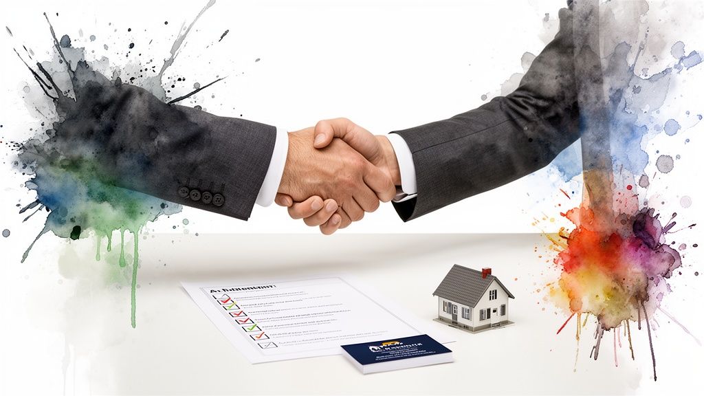 Two business professionals shaking hands over a checklist, business cards, and a house model.