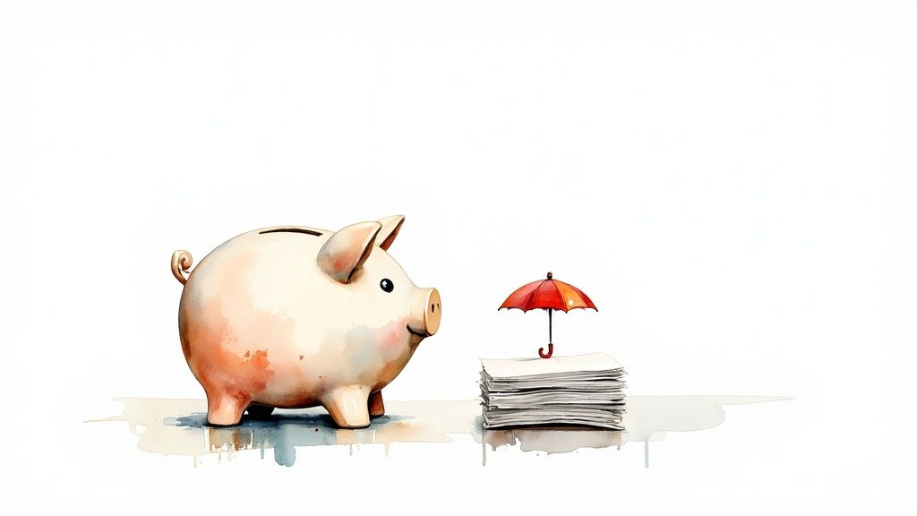A watercolor illustration of a piggy bank looking at a stack of papers with a small red umbrella.
