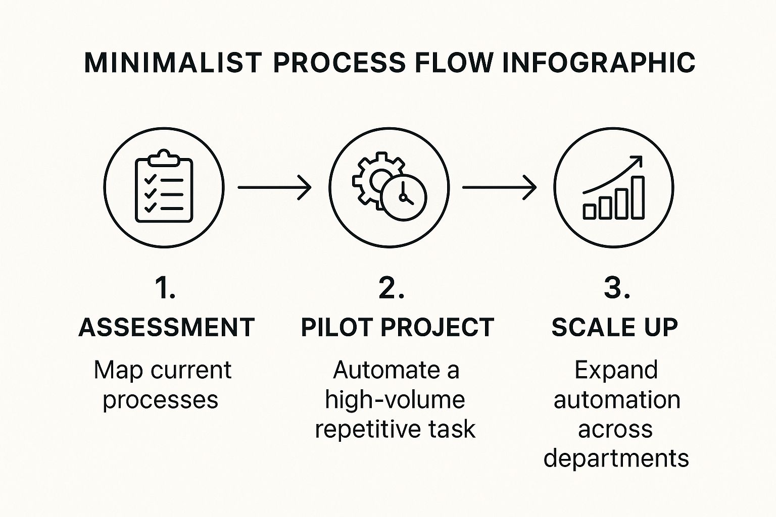Infographic showing a three-step process for implementing automation: Assessment, Pilot Project, and Scale Up.