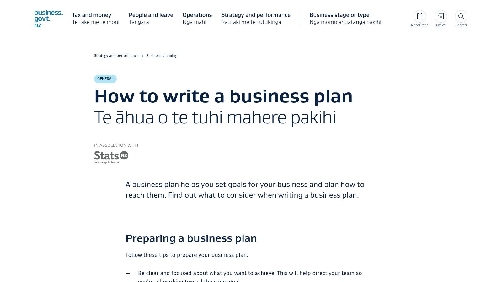 Business.govt.nz business plan builder page