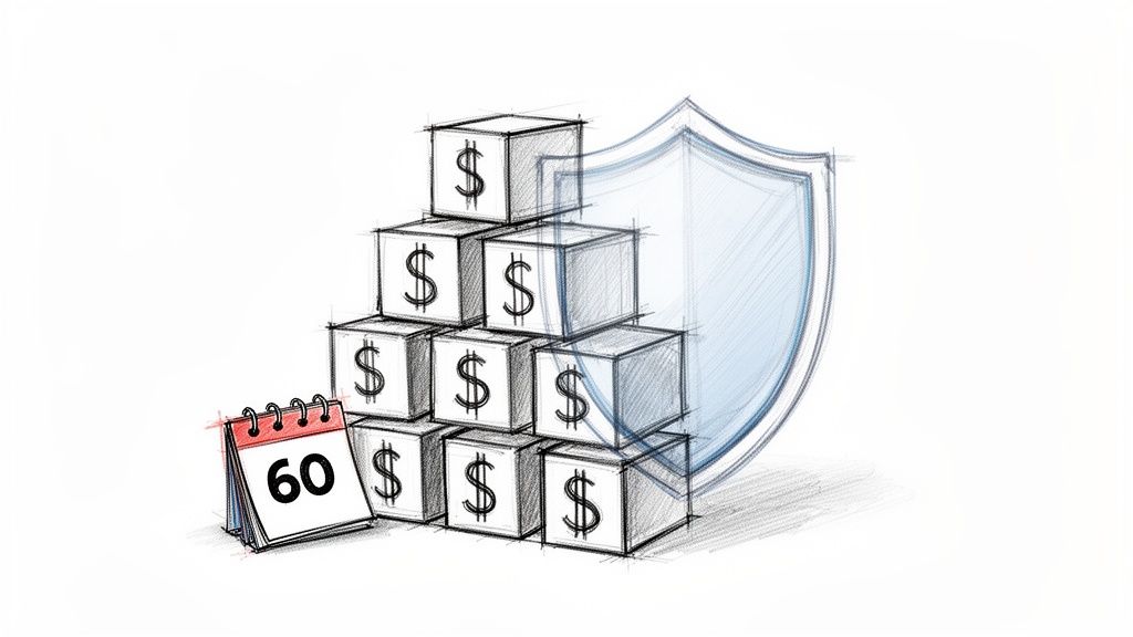 Hand-drawn image of dollar sign blocks, a '60' calendar, and a shield, symbolizing protected financial growth.