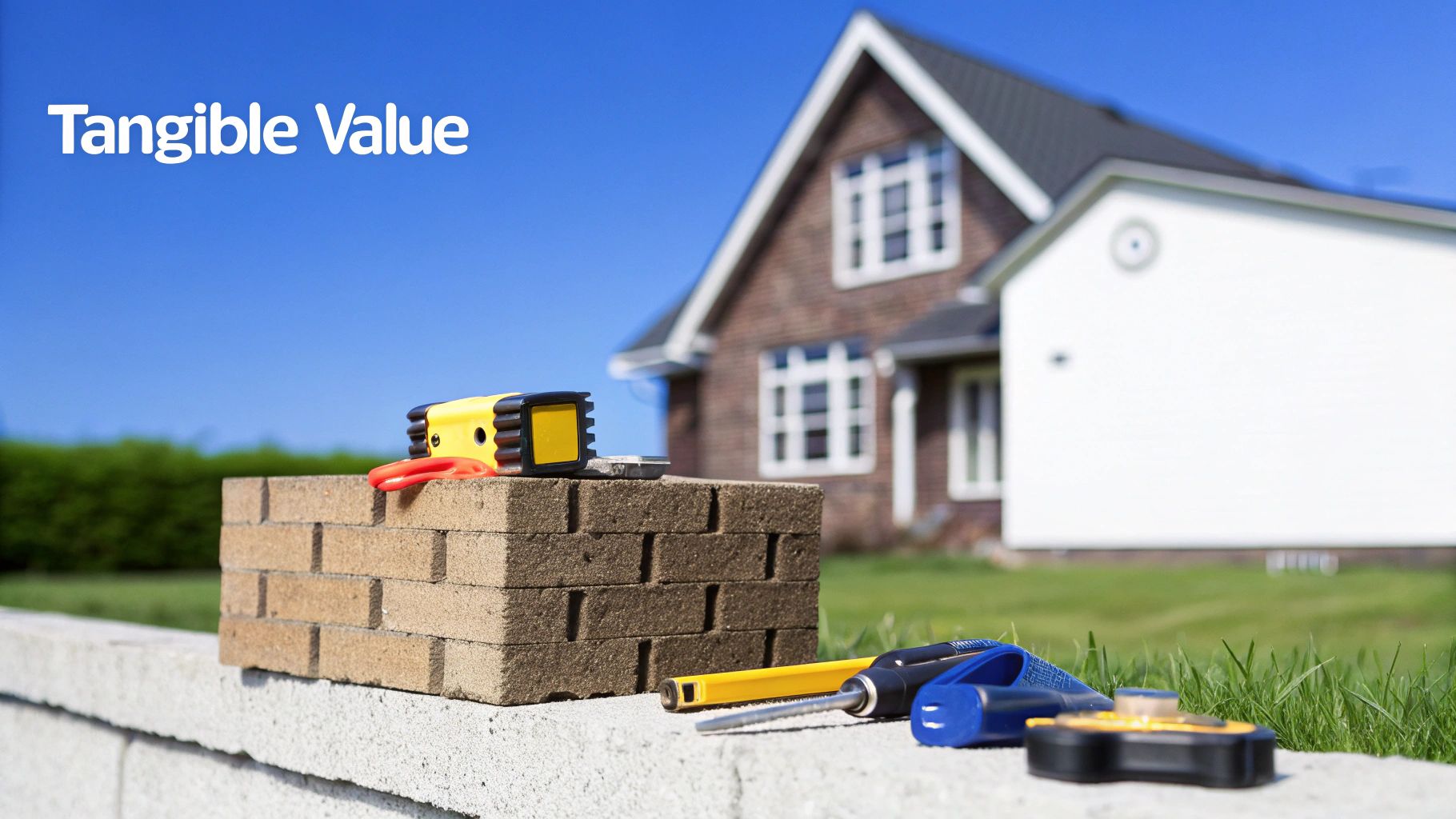 Construction tools and miniature house model illustrating tangible assets and property value concept