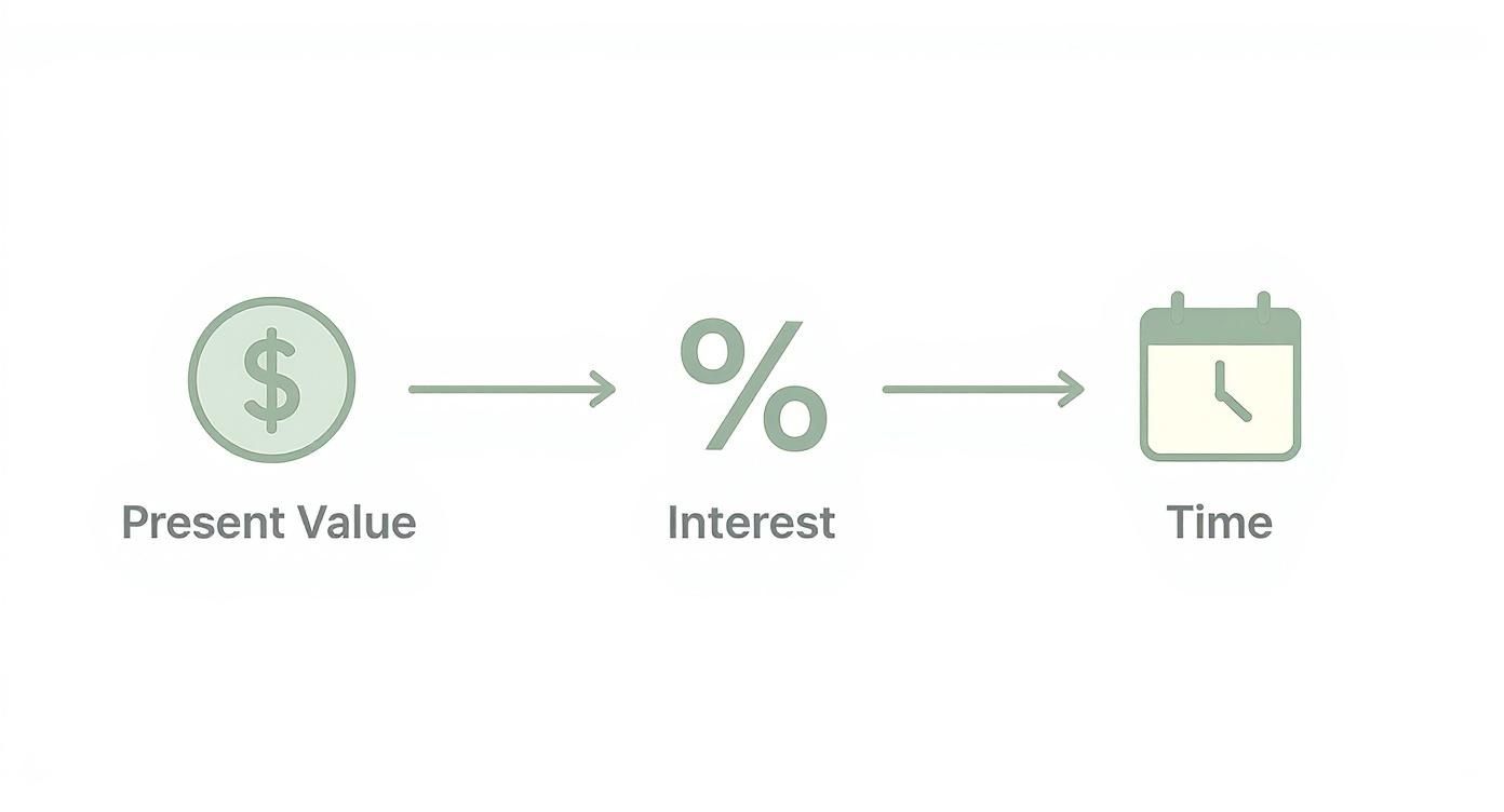 A financial diagram showing Present Value, Interest, and Time linked by arrows, illustrating their relationship.