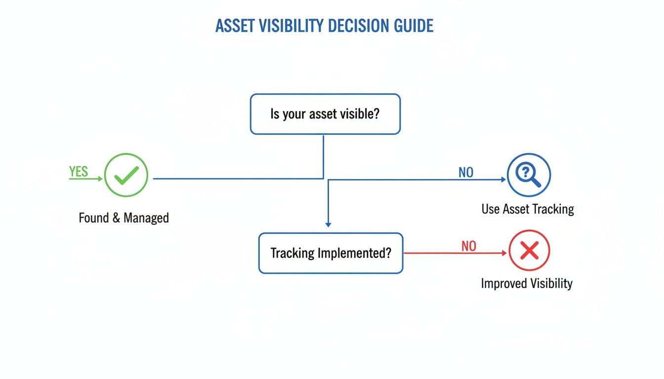 A decision guide flowchart for asset visibility, showing paths for found and managed assets, asset tracking, and achieving improved visibility.
