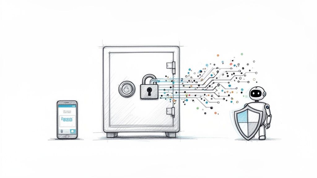 Illustration showing a smartphone, a secured safe, digital data flowing, and a robot with a shield representing online security.