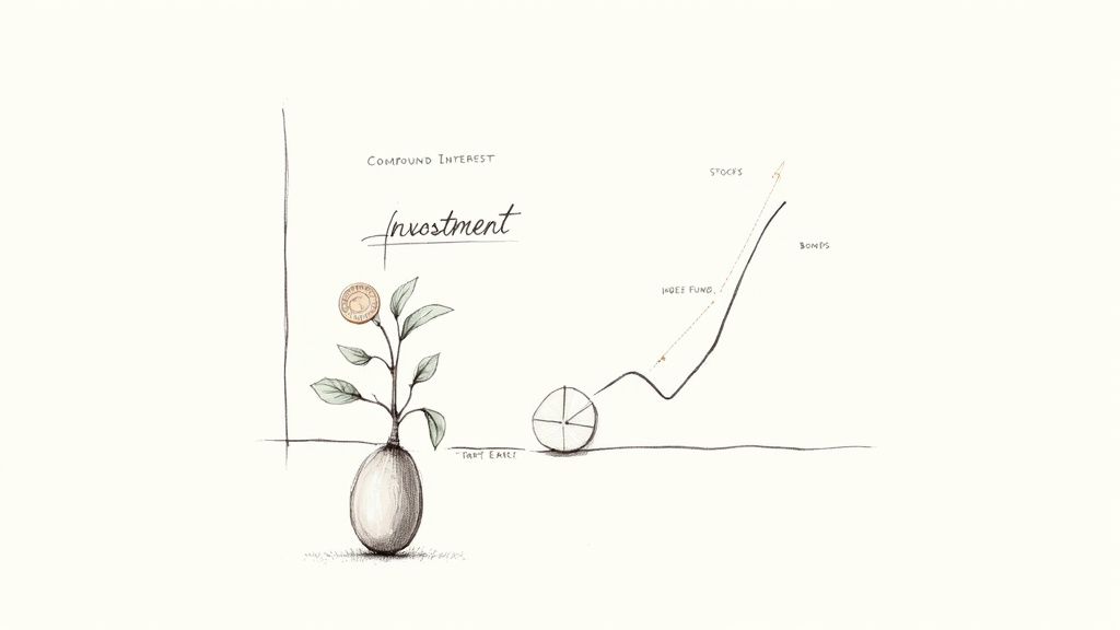 Hand-drawn illustration showing investment growth with compound interest, stocks, bonds, and funds.