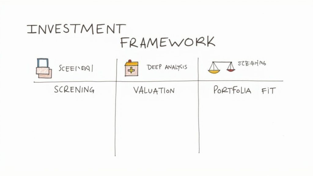 A hand-drawn diagram illustrating an investment framework with three steps: Screening, Valuation, and Portfolio Fit.