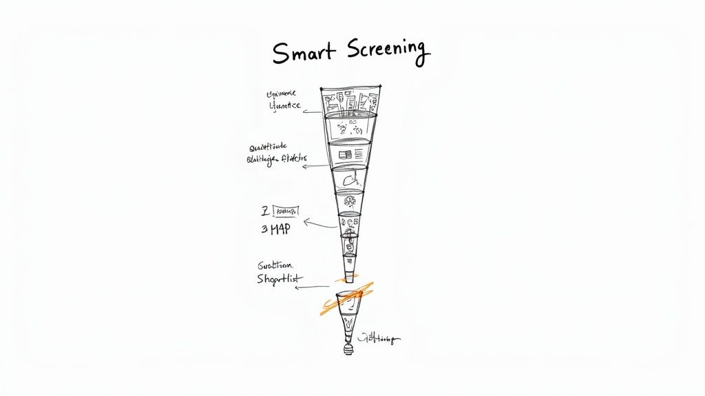 A 'Smart Screening' funnel diagram illustrates a multi-stage filtering process for selecting opportunities.