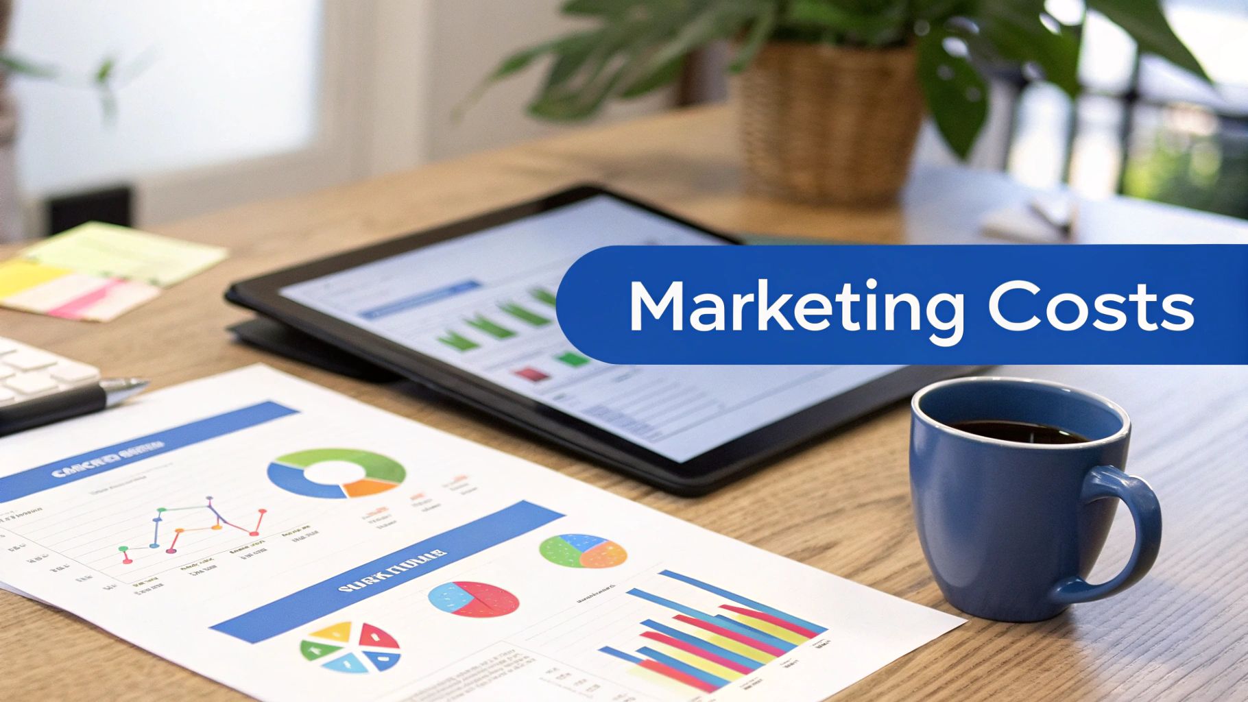 Graphic showing various marketing expenses like ads, business cards, and website costs
