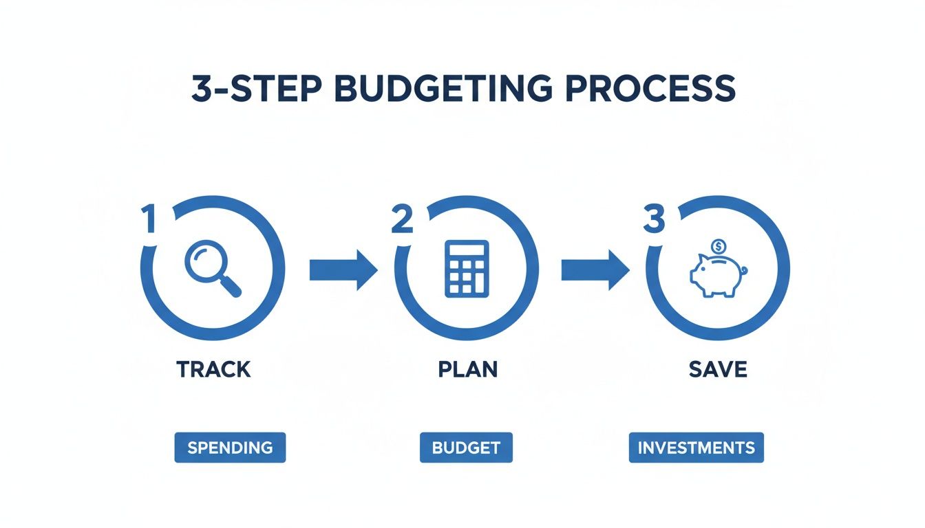 An infographic illustrating a 3-step budgeting process: track spending, plan budget, and save investments.