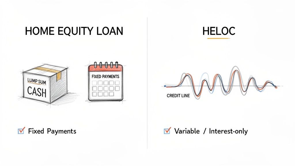 An image comparing a home equity loan (lump sum cash, fixed payments) with a HELOC (variable interest-only, credit line).