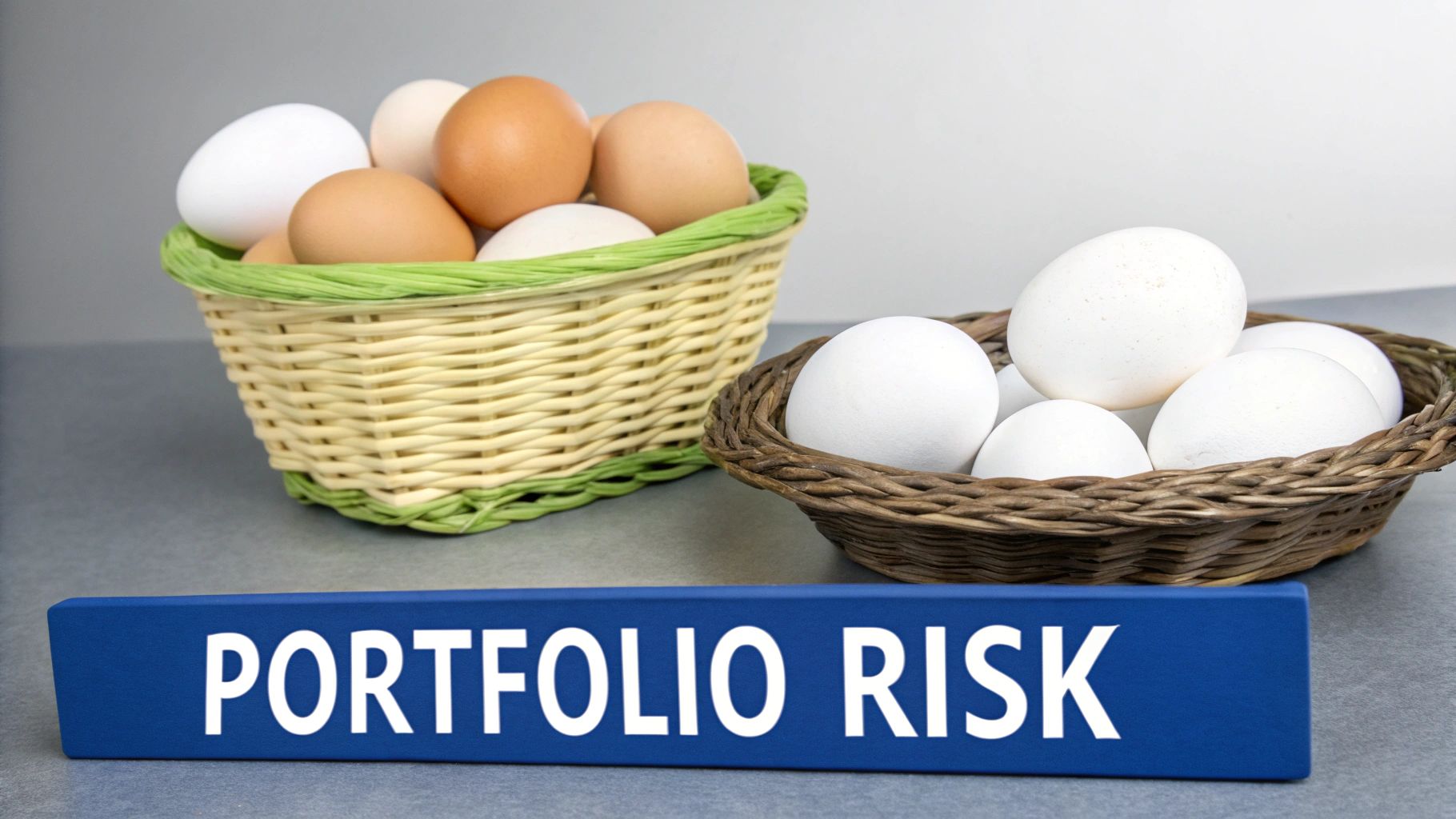 Two baskets of eggs, one mixed and one white, with a 'PORTFOLIO RISK' sign below.