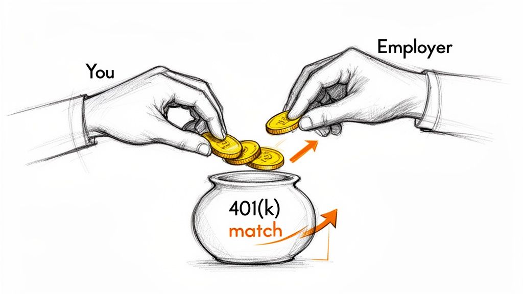 Illustration showing an employee and employer contributing coins to a 401(k) match retirement fund.