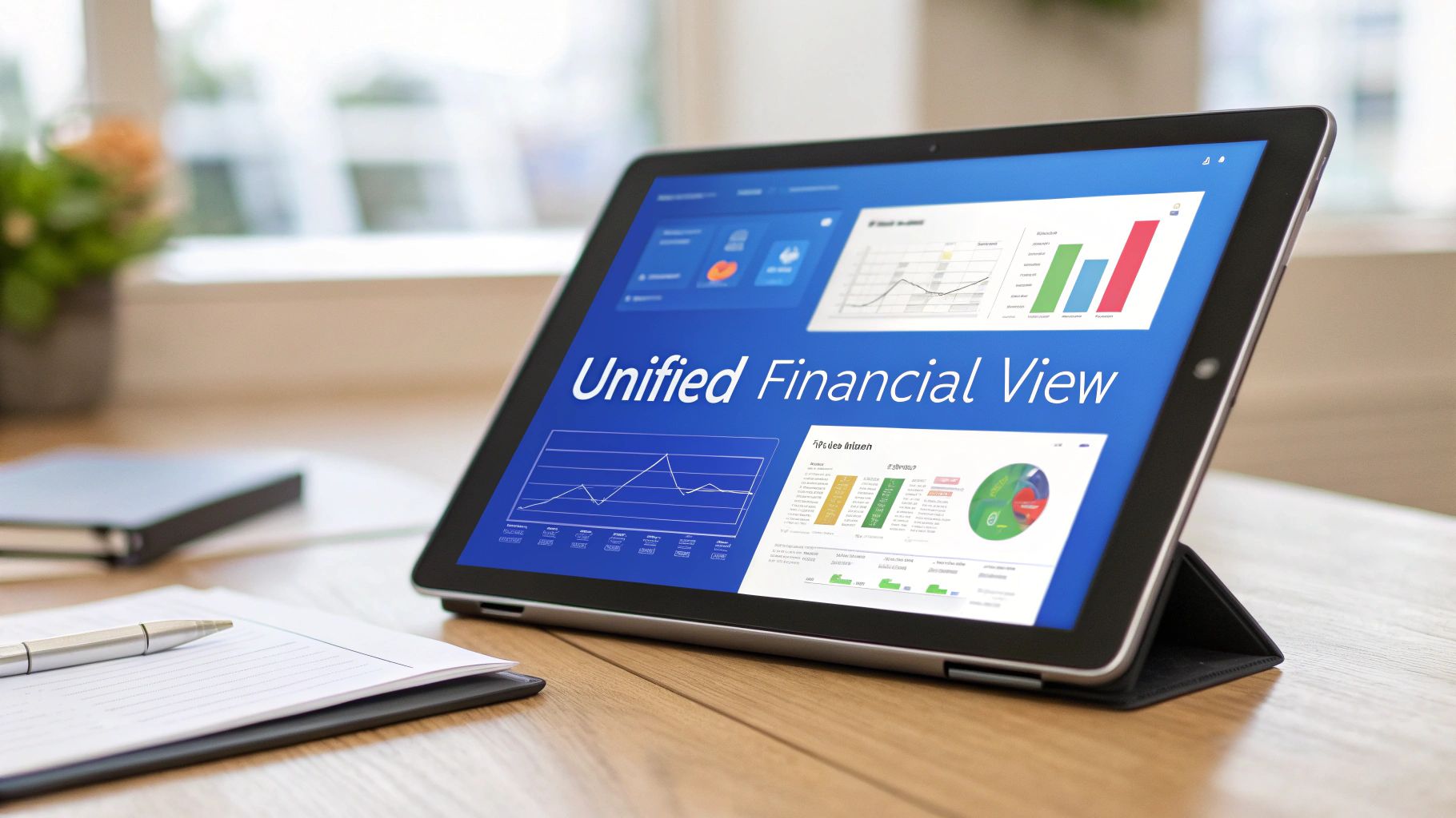A digital dashboard showing a variety of financial charts and data points, symbolizing a unified financial view.