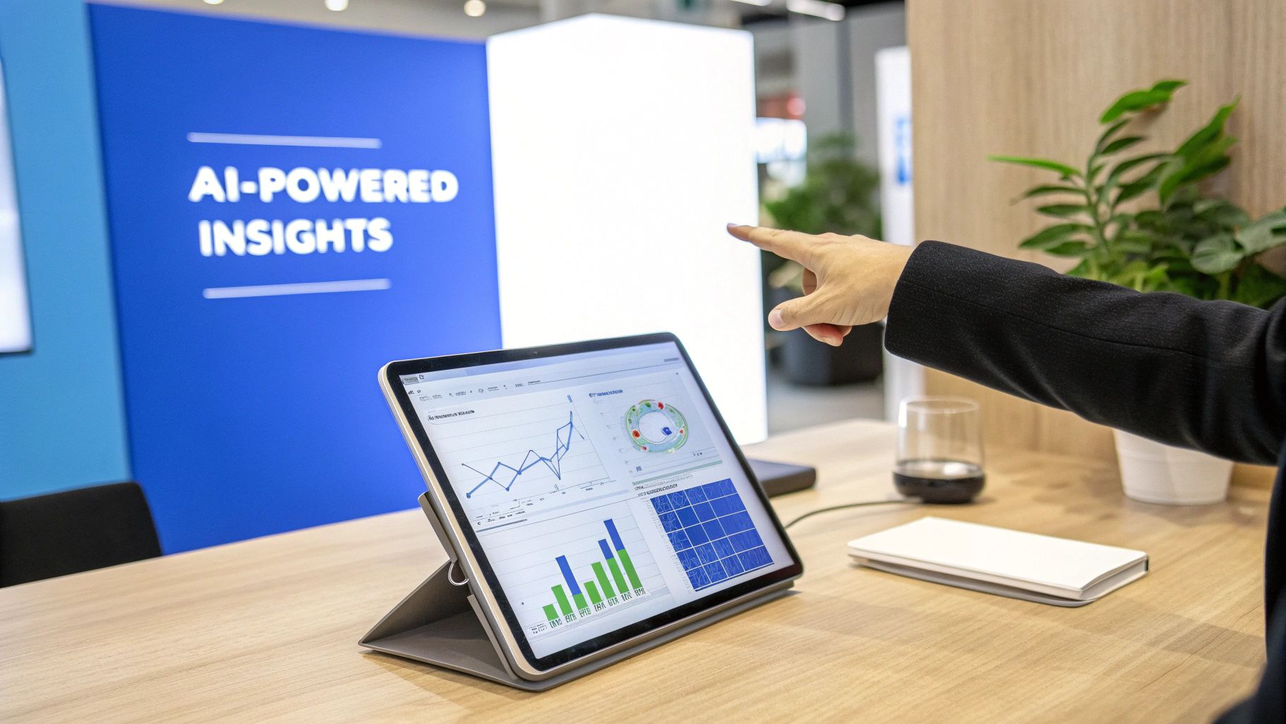 A person interacting with futuristic financial charts and data visualizations