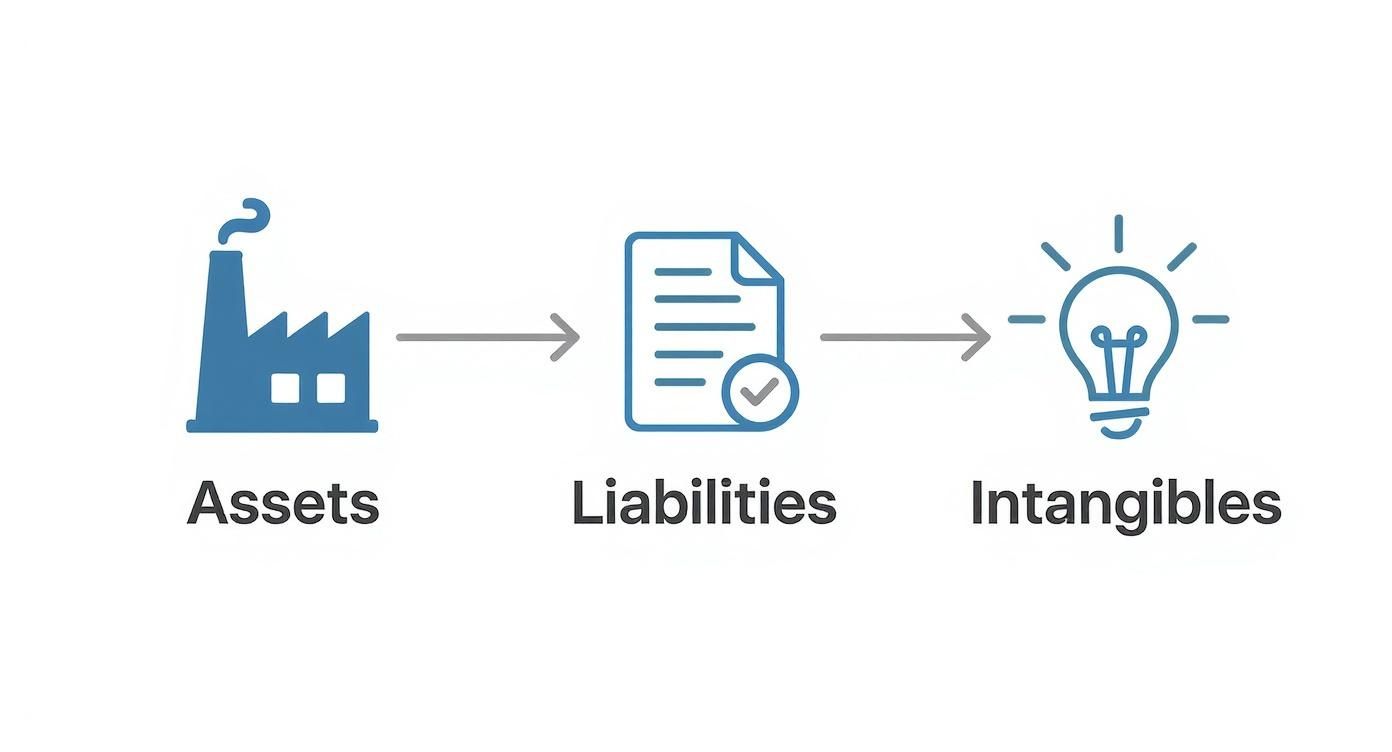 Flow diagram showing progression from physical assets through documented liabilities to intangible assets represented by lightbulb