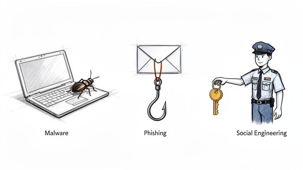 Illustrations of malware (bug on laptop), phishing (email on hook), and social engineering (officer with key).