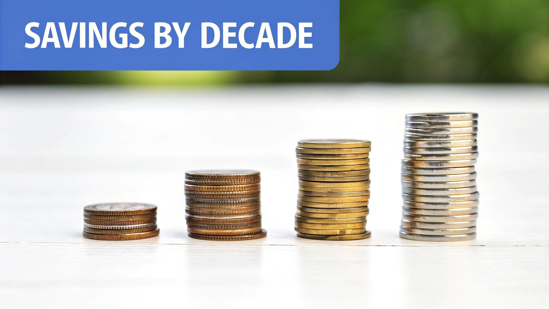 Four increasing stacks of coins representing savings growth over different decades.