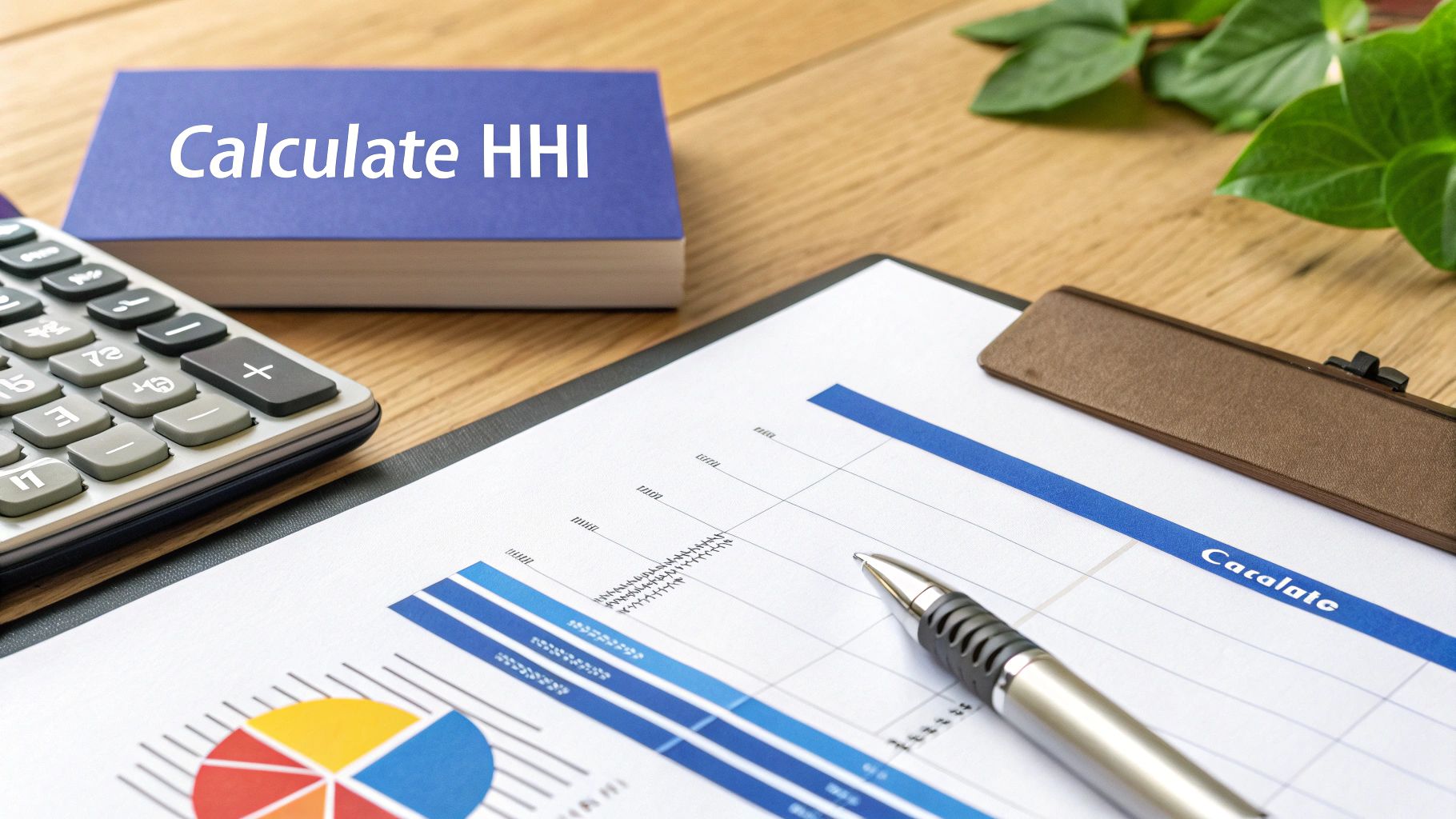 Desk setup with a 'Calculate HHI' book, calculator, business charts, and a pen.
