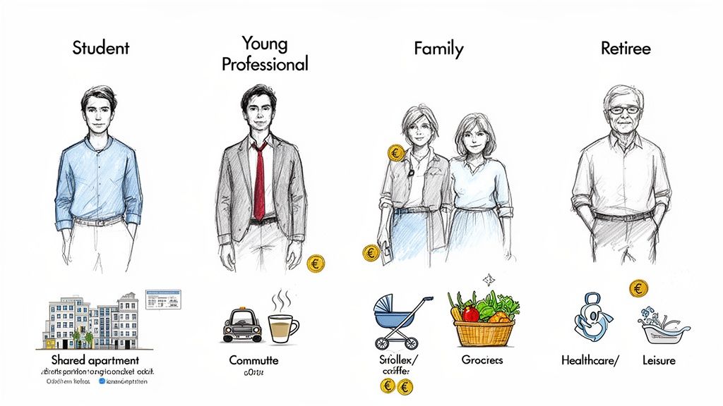 Illustrations comparing typical expenses for students, young professionals, families, and retirees.