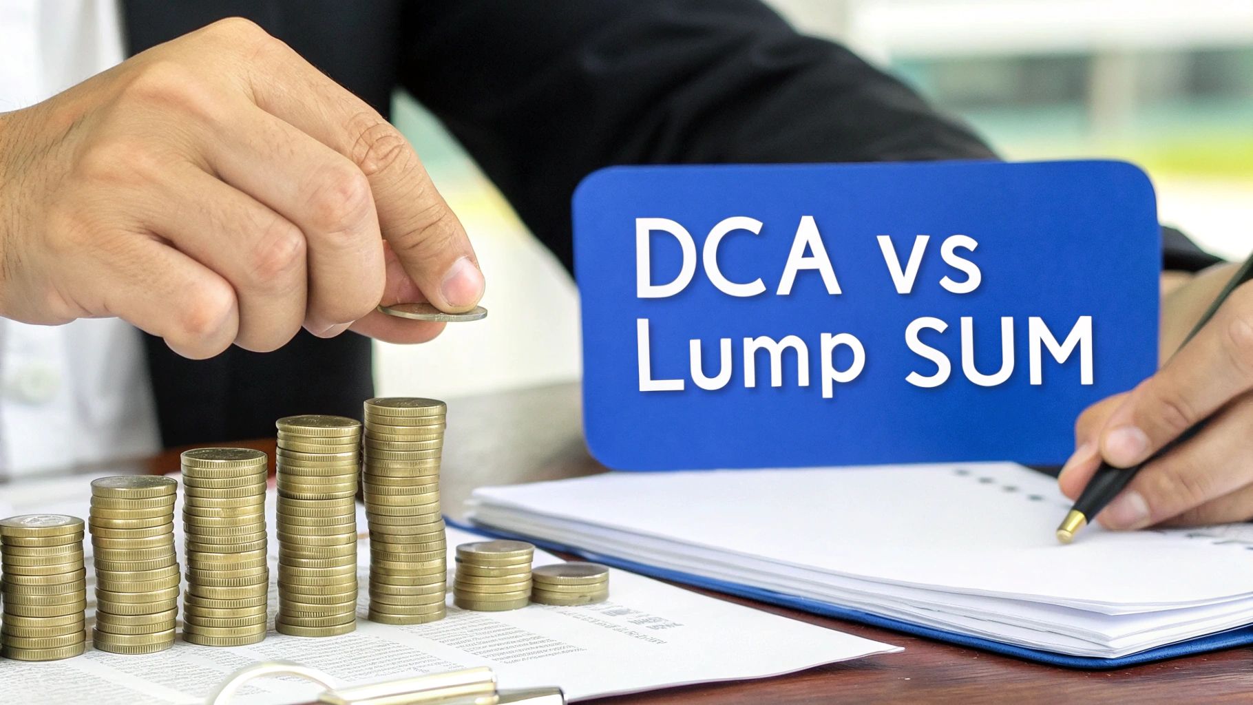 A split image showing a single large pile of coins on one side (lump sum) and several smaller, regular stacks of coins on the other (DCA).