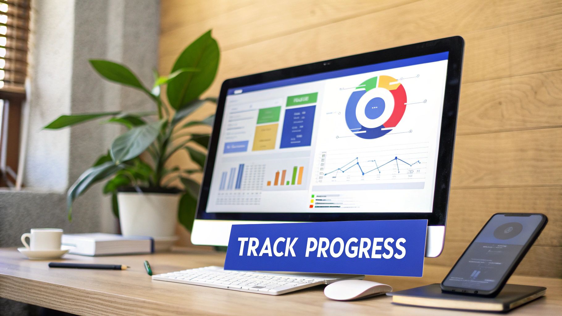 A modern desk setup with a computer displaying business progress charts and a 'TRACK PROGRESS' sign.