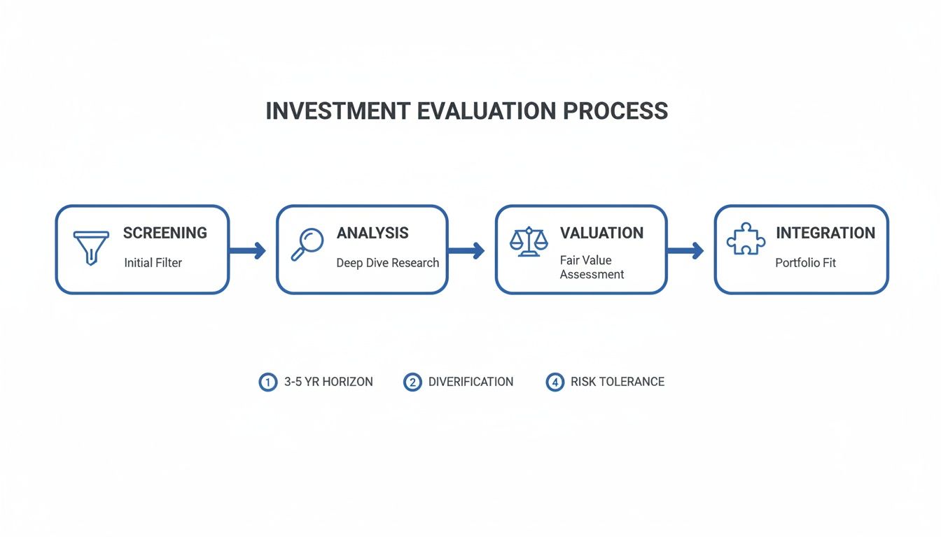 Flowchart detailing the investment evaluation process: screening, analysis, valuation, and integration, with considerations for horizon, diversification, and risk.