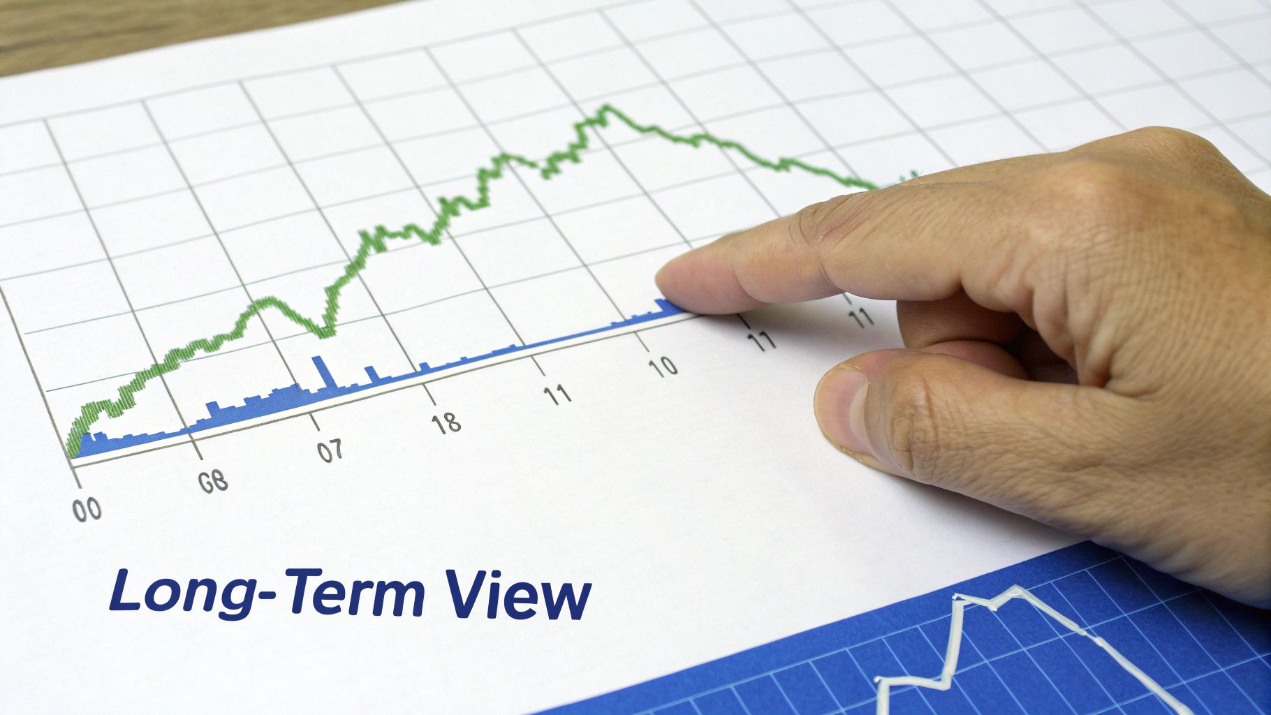 A person looking at a line graph that shows market volatility with a general upward trend over the long term.